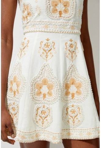 Tall Linen Embroidered Strappy Woven Mini Dress