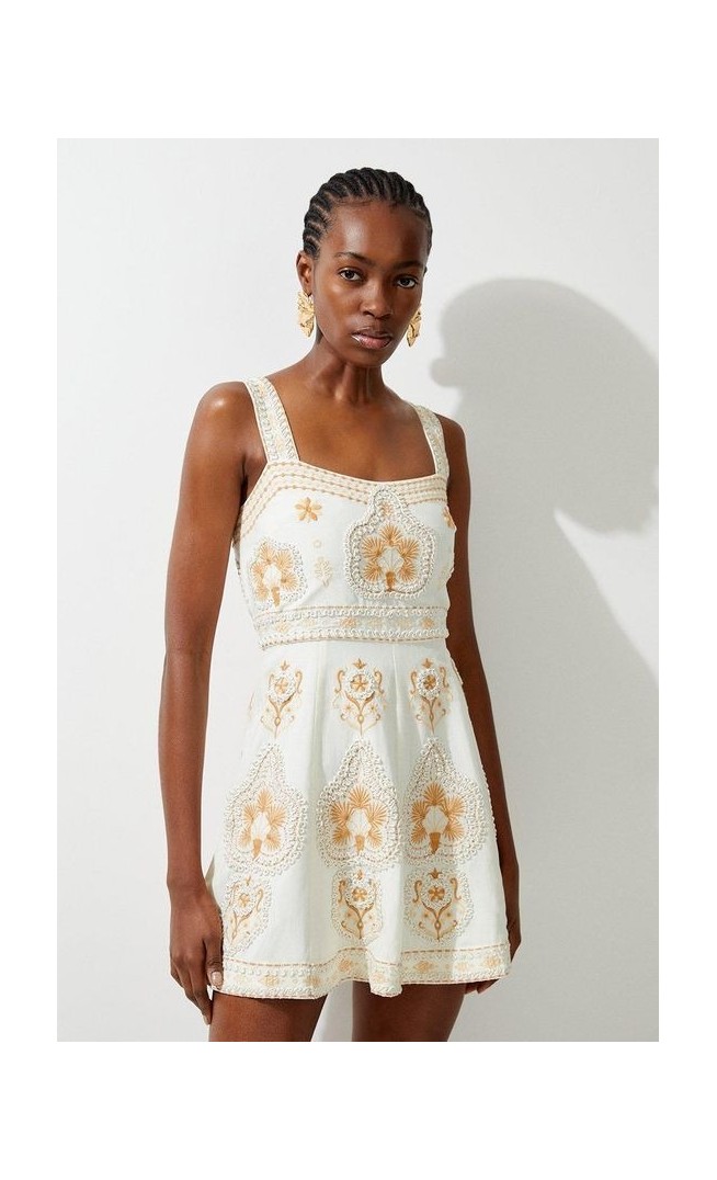 Tall Linen Embroidered Strappy Woven Mini Dress