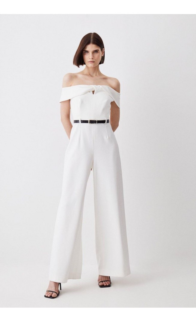 Tall Structured Crepe Bardot Belted Wide Leg Jumpsuit