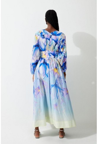 Petite Ombre Floral Silk Cotton Plunge Maxi Dress