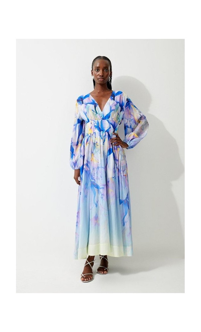 Petite Ombre Floral Silk Cotton Plunge Maxi Dress