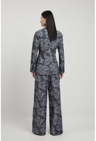 Tailored Floral Denim Pleated Wide Leg Trousers