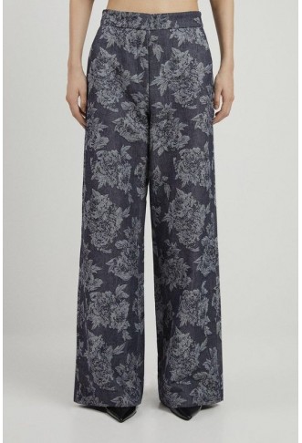 Tailored Floral Denim Pleated Wide Leg Trousers