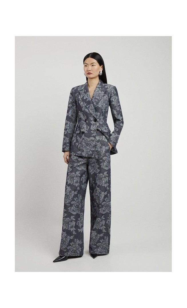 Tailored Floral Denim Pleated Wide Leg Trousers