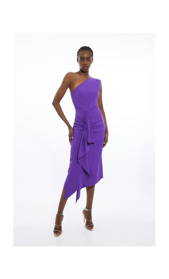 Compact Viscose Tailored One Shoulder Drape Front Pencil Dress