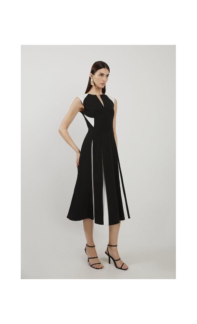 Clean Tailored Colour Block Full Skirted Midi Dress