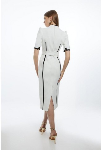 Compact Stretch Contrast Tipped Forever Belted Tailored Midi Dress