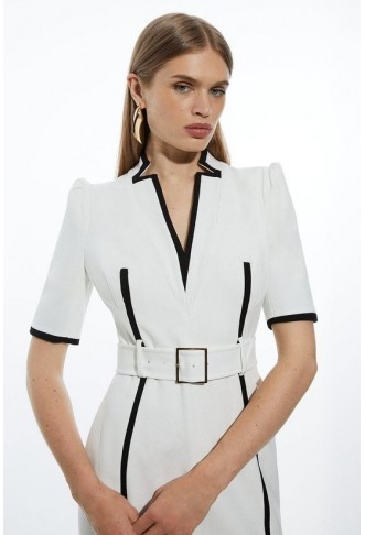 Compact Stretch Contrast Tipped Forever Belted Tailored Midi Dress