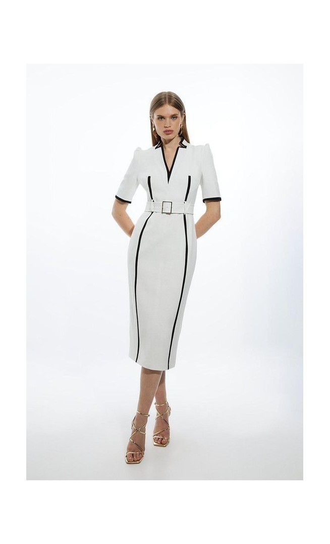 Compact Stretch Contrast Tipped Forever Belted Tailored Midi Dress