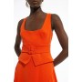 Structured Crepe Tailored Full Skirted Panel Belted Midi Dress