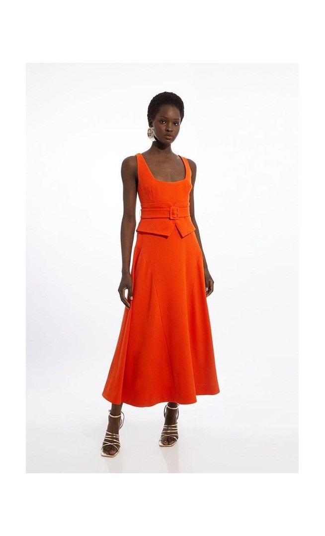 Structured Crepe Tailored Full Skirted Panel Belted Midi Dress