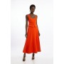 Structured Crepe Tailored Full Skirted Panel Belted Midi Dress