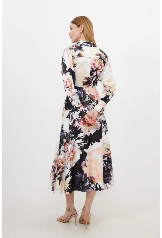 Satin Floral Print Collared Woven Midi Dress