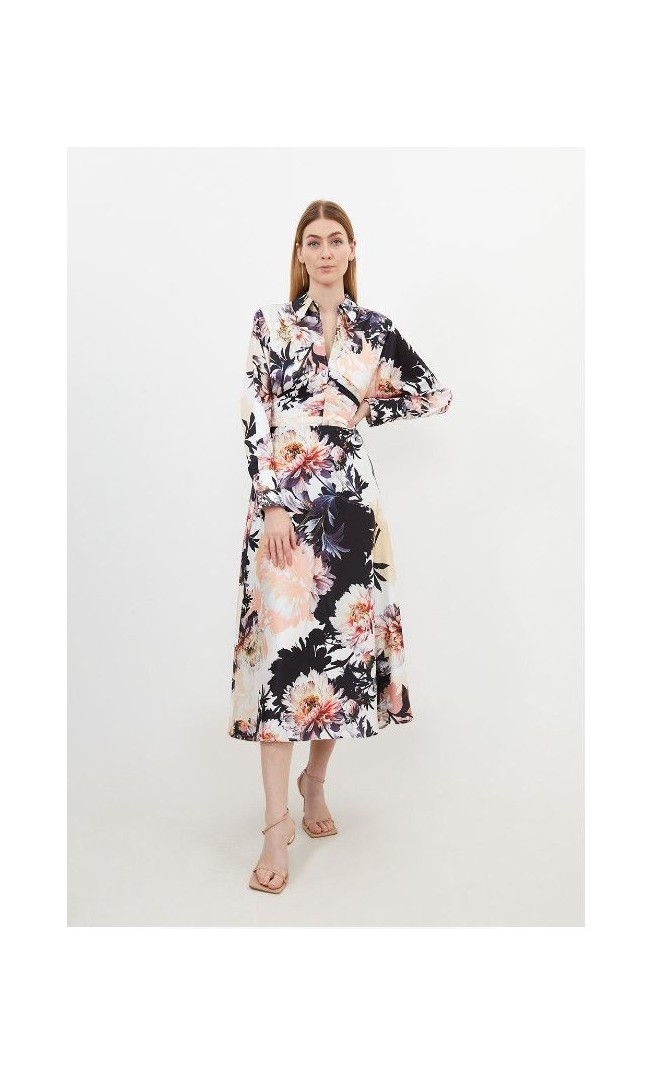 Satin Floral Print Collared Woven Midi Dress