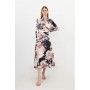 Satin Floral Print Collared Woven Midi Dress