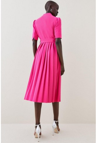 Tailored Structured Crepe Forever Pleat Belted Midi Dress