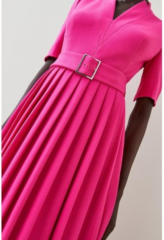 Tailored Structured Crepe Forever Pleat Belted Midi Dress