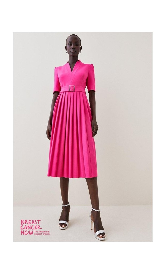 Tailored Structured Crepe Forever Pleat Belted Midi Dress