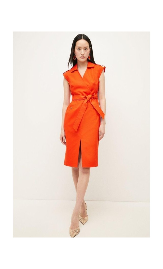 Compact Cotton Military Belted Pencil Midi Dress