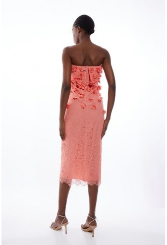 Petal Floral Applique On Lace Woven Bandeau Midi Dress