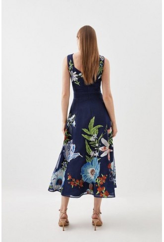 Botanical Embroidery Organdie Strappy Midi Dress