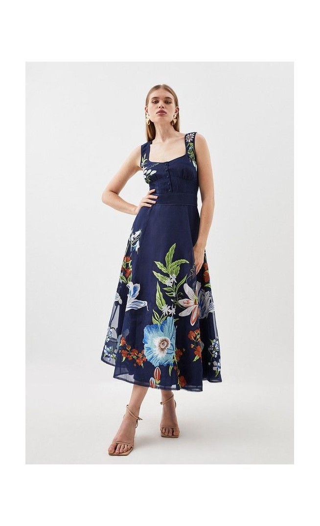 Botanical Embroidery Organdie Strappy Midi Dress