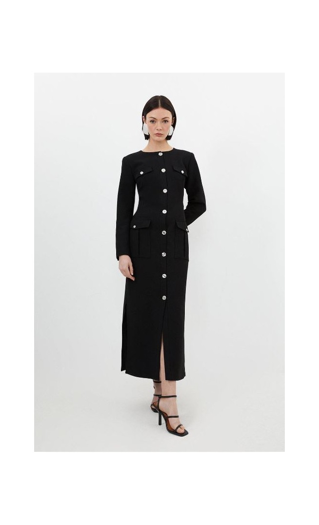 Tailored Compact Stretch Button Through Midi Dress