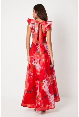 Printed Organza Frill Detail High Low Midi Dress