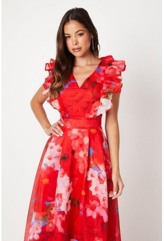 Printed Organza Frill Detail High Low Midi Dress