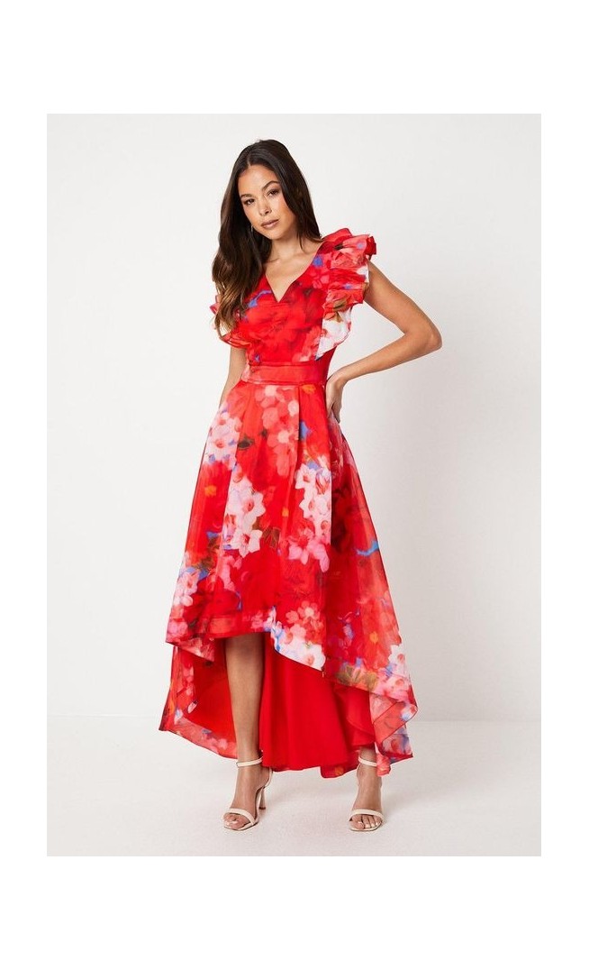 Printed Organza Frill Detail High Low Midi Dress