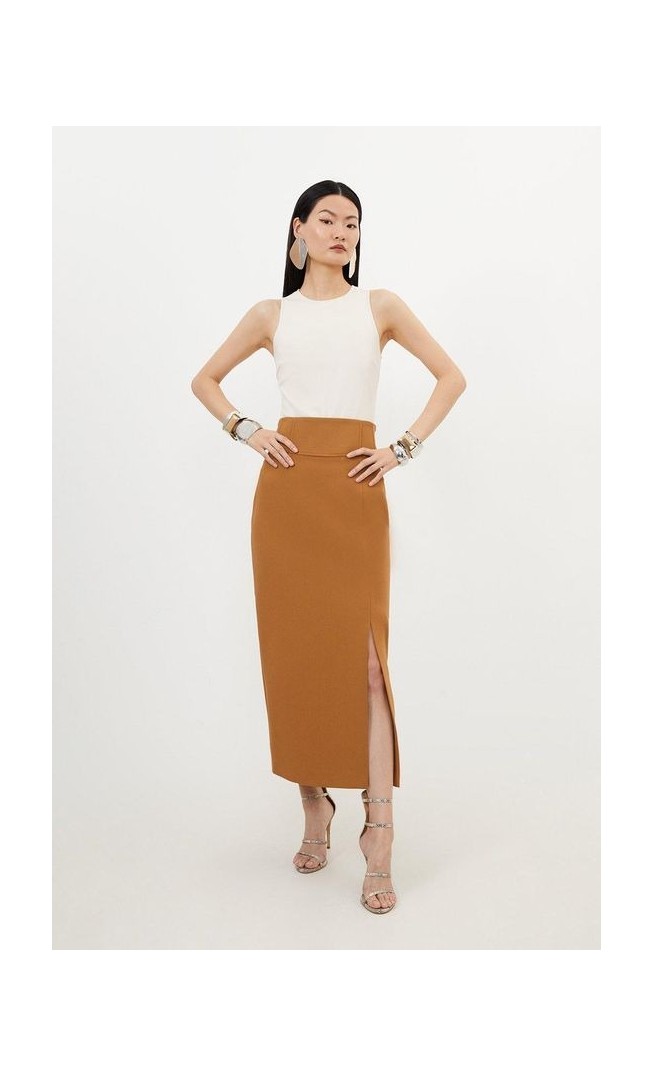 Compact Stretch Side Split Tailored Midi Pencil Skirt