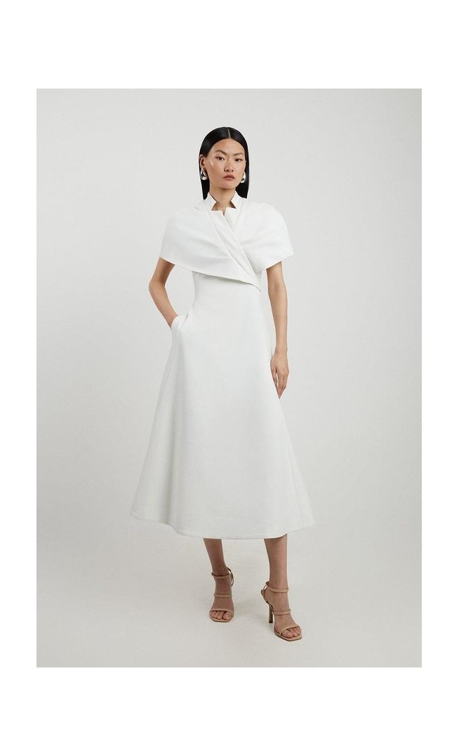 Petite Structured Crepe Cape Detail Full Skirted Tailored Midi Dress