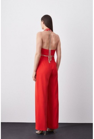 Soft Tailored Chain Detail Halter Jumpsuit