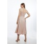 Italian Structured Rib Tailored Square Neck Belted Midi Dress