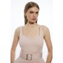 Italian Structured Rib Tailored Square Neck Belted Midi Dress