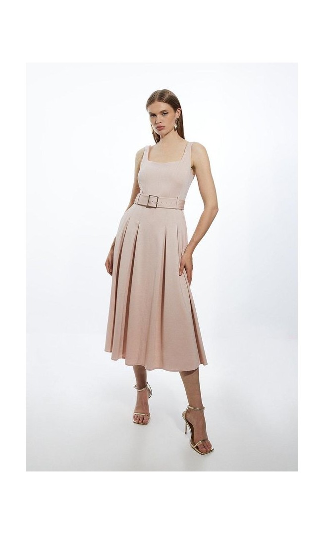 Italian Structured Rib Tailored Square Neck Belted Midi Dress