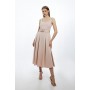 Italian Structured Rib Tailored Square Neck Belted Midi Dress