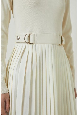 Viscose Blend Knit Dress With Woven Pleated Skirt Pu Belt