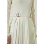 Viscose Blend Knit Dress With Woven Pleated Skirt Pu Belt