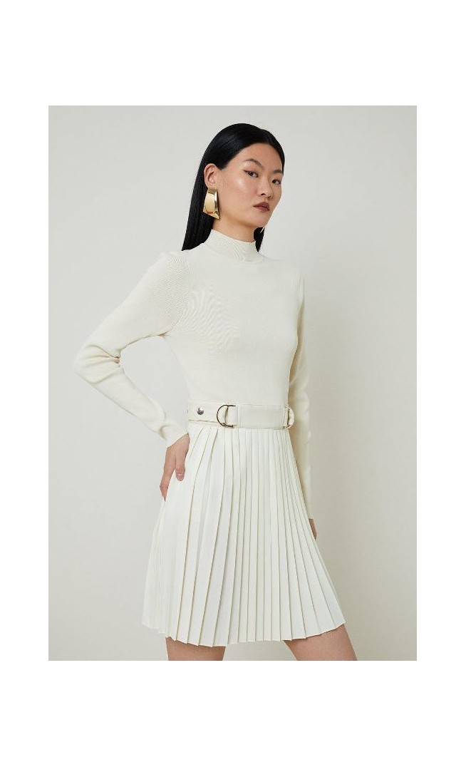 Viscose Blend Knit Dress With Woven Pleated Skirt Pu Belt