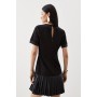 Ponte Pleated Hem Short Sleeve Keyhole Mini Dress