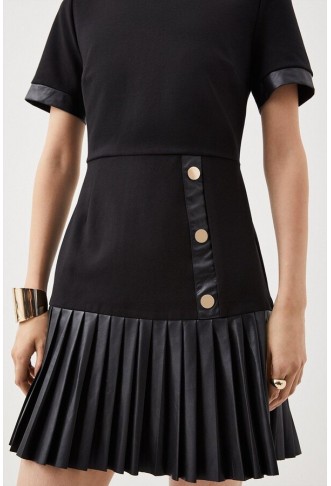 Ponte Pleated Hem Short Sleeve Keyhole Mini Dress