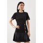 Ponte Pleated Hem Short Sleeve Keyhole Mini Dress