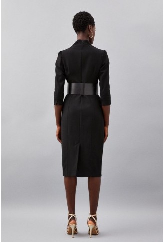 Tailored Structured Crepe Forever Wide Belt Pencil Midi Dress