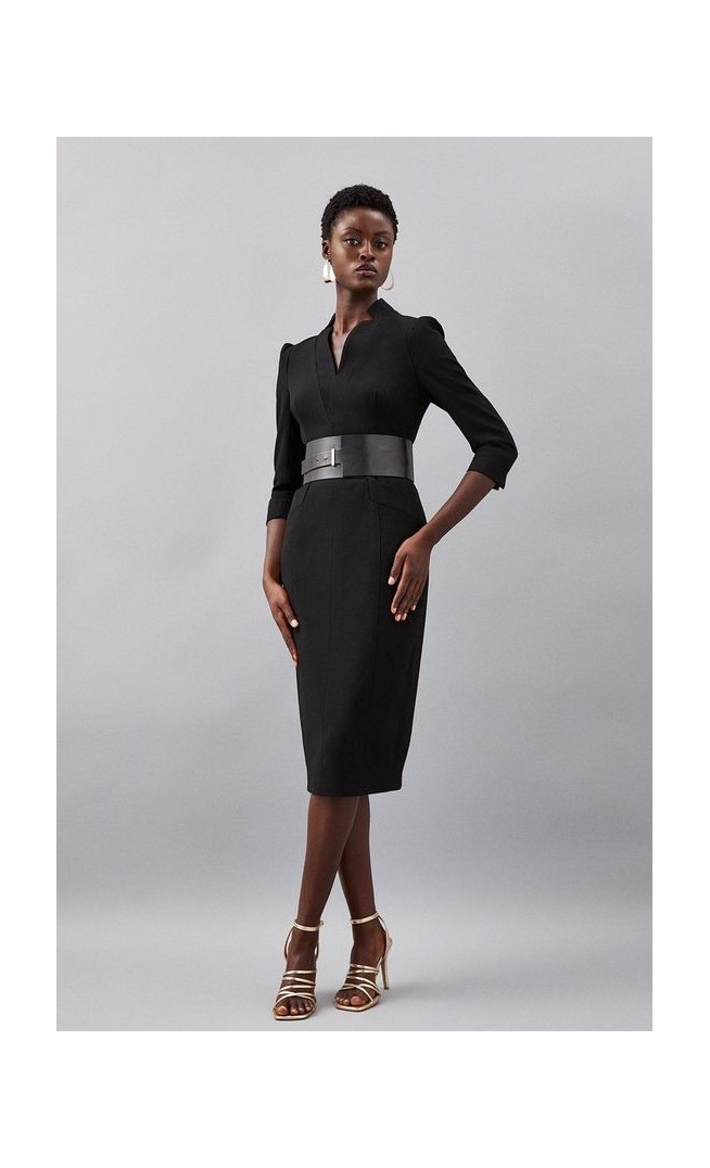 Tailored Structured Crepe Forever Wide Belt Pencil Midi Dress