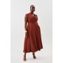 Premium Linen Plus Size V Neck Wrap Detail Woven Midi Dress