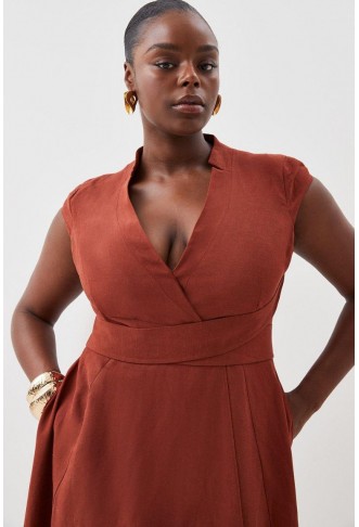 Premium Linen Plus Size V Neck Wrap Detail Woven Midi Dress