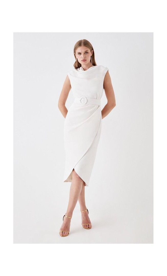 Belted High Neck Wrap Skirt Dress