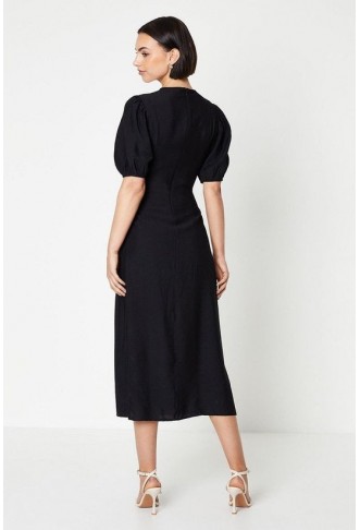 Shirred Bodice Puff Sleeve Midi Dress