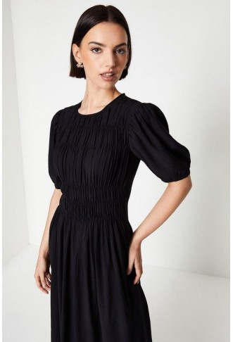 Shirred Bodice Puff Sleeve Midi Dress